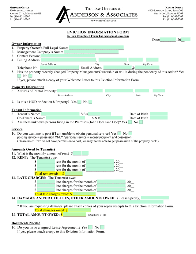 Eviction Information Form screenshot