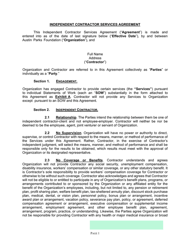 Independent Contractor Services Agreement screenshot