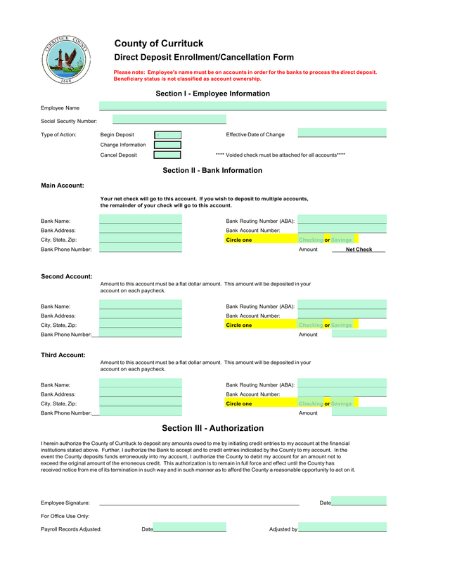 Direct Deposit EnrollmentCancellation Form screenshot
