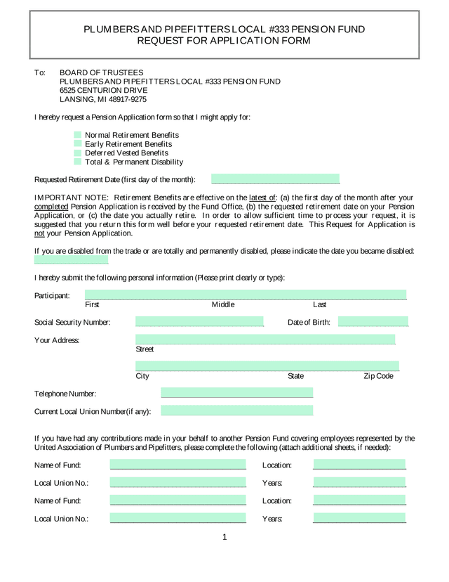 Plumbers And Pipefitters Local 333 Pension Fund Request For Application Form screenshot