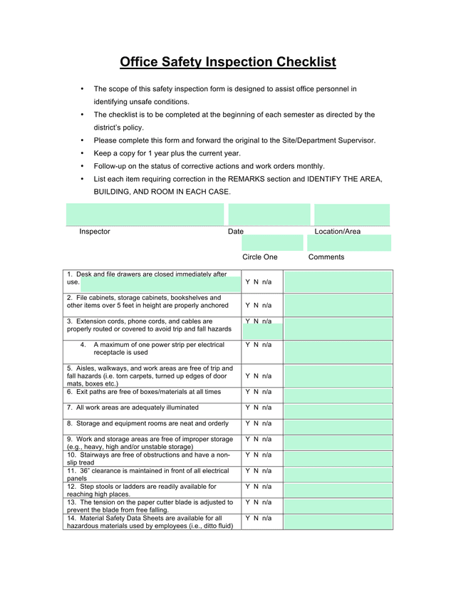 Office Safety Inspection Checklist screenshot