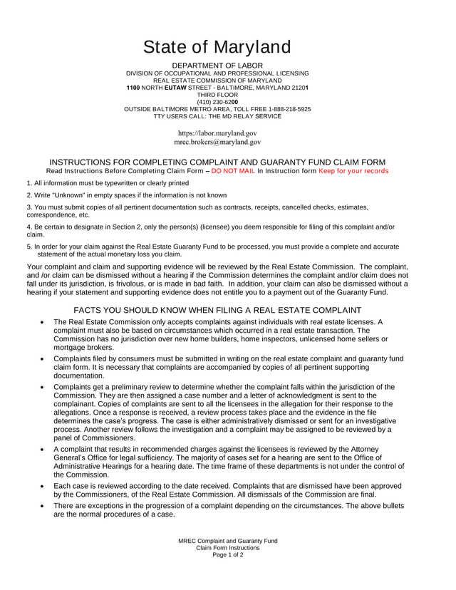 Instructions For Completing Complaint And Guaranty Fund Claim Form screenshot