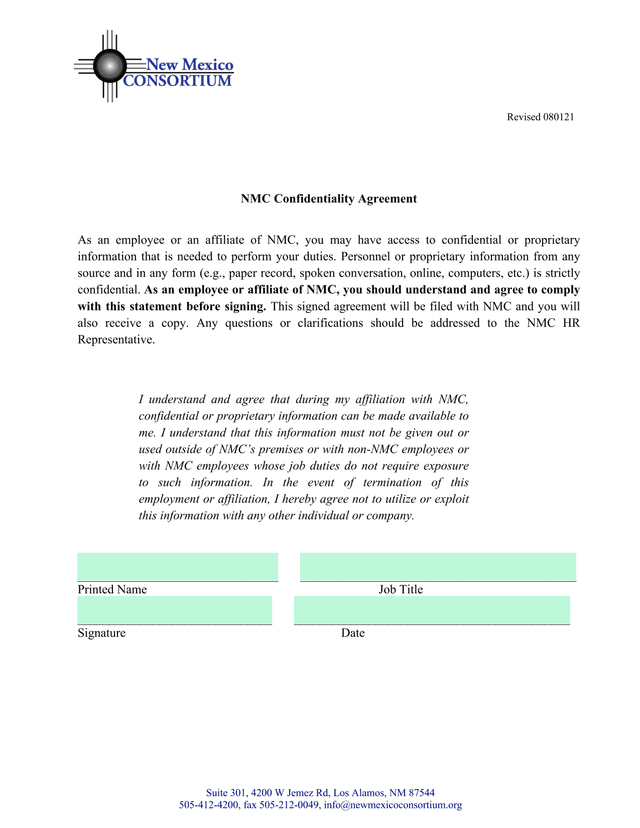 NMC Confidentiality Agreement screenshot