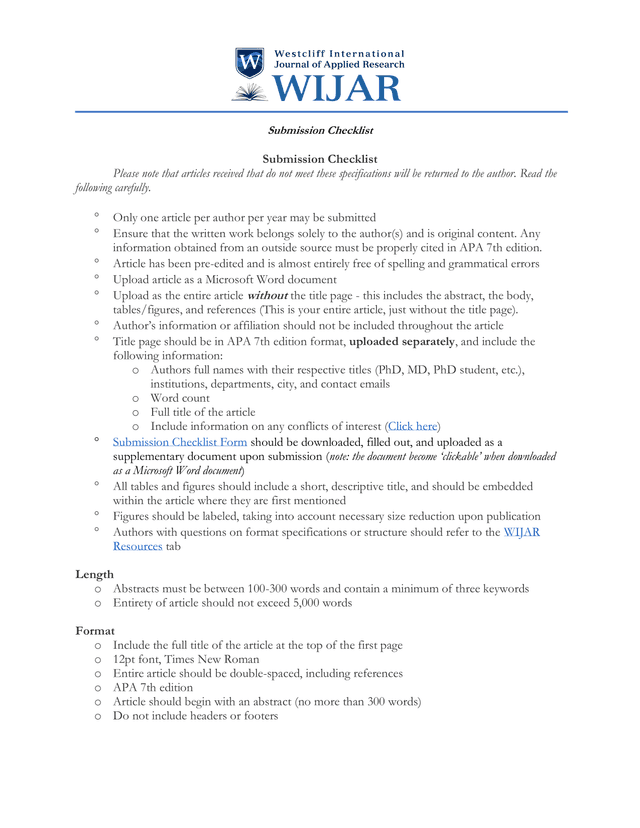 Submission Checklist screenshot