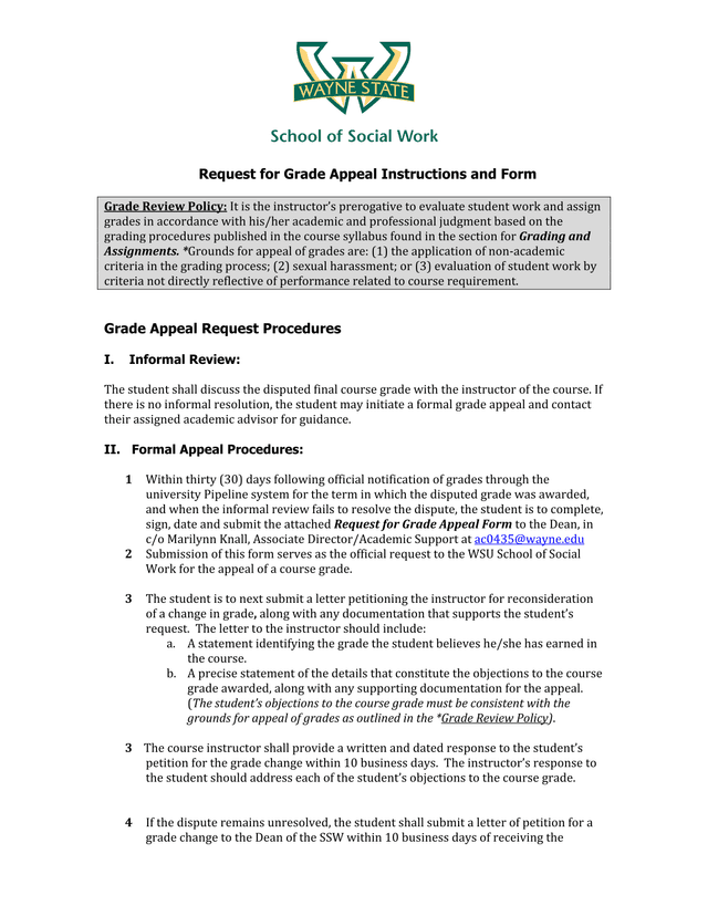 Request For Grade Appeal Instructions And Form screenshot