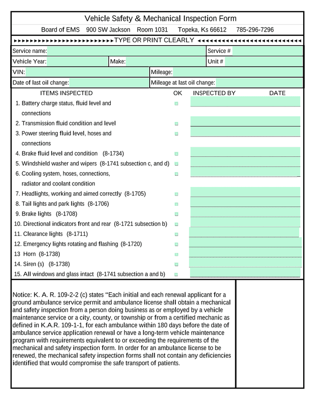 Vehicle Safety  Mechanical Inspection Form screenshot