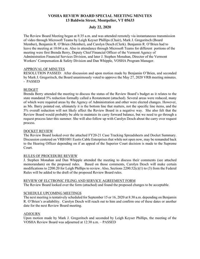 VOSHA Review Board Special Meeting Minutes screenshot
