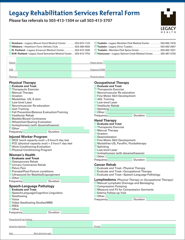 Legacy Rehabilitation Services Referral Form screenshot