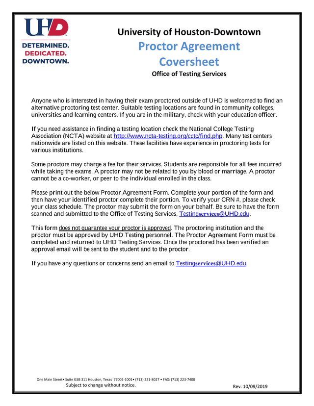 University Of Houston Downtown Proctor Agreement Form screenshot