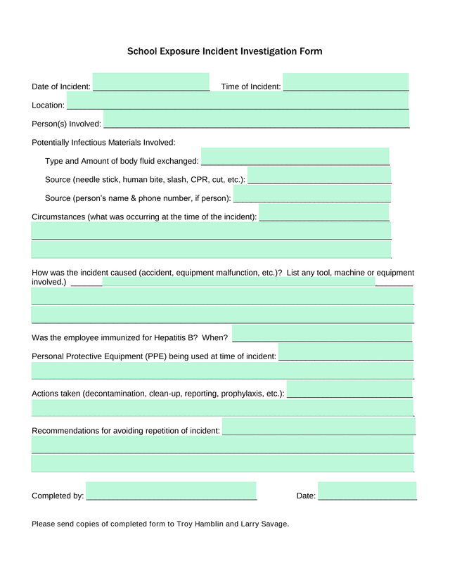 School Exposure Incident Investigation Form screenshot