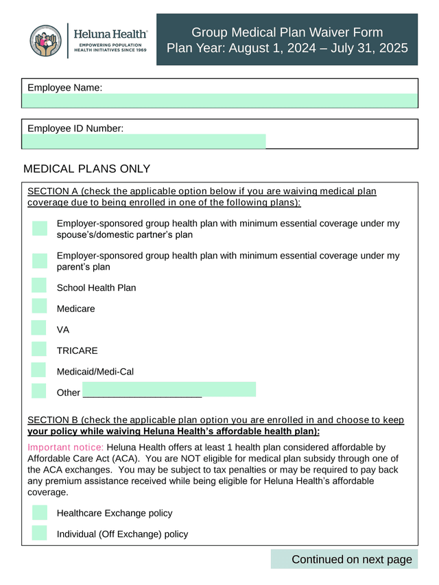 Group Medical Plan Waiver Form screenshot