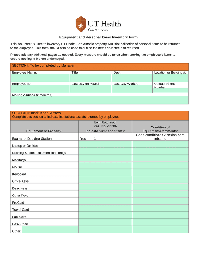 Equipment And Personal Items Inventory Form screenshot