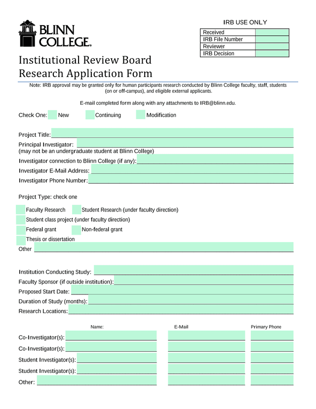 Institutional Review Board Research Application Form screenshot