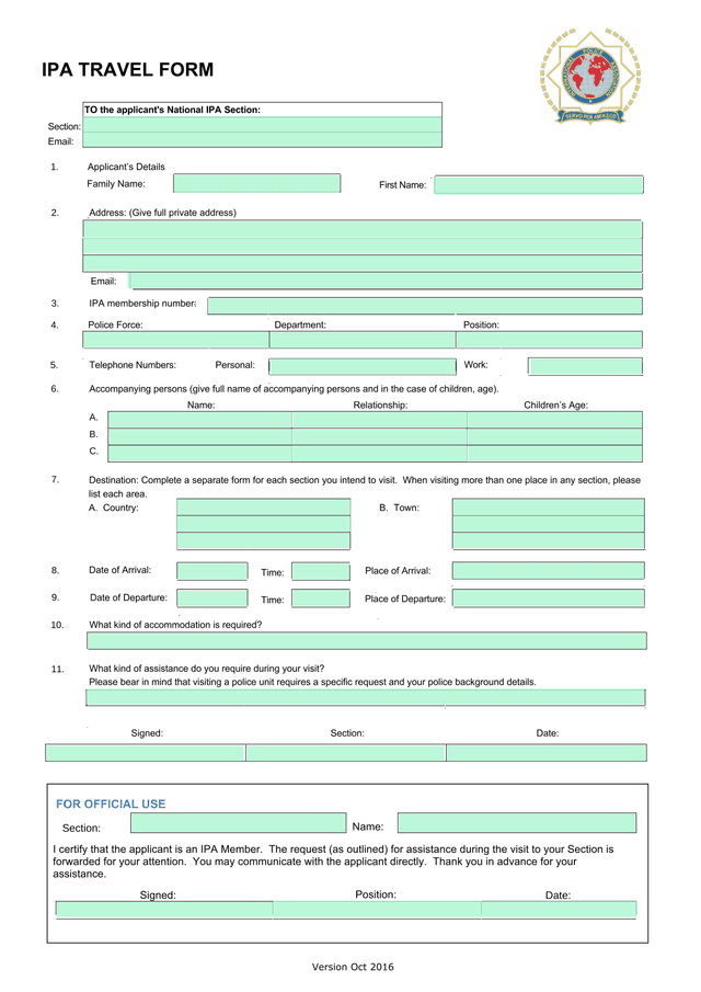 IPA TRAVEL FORM screenshot