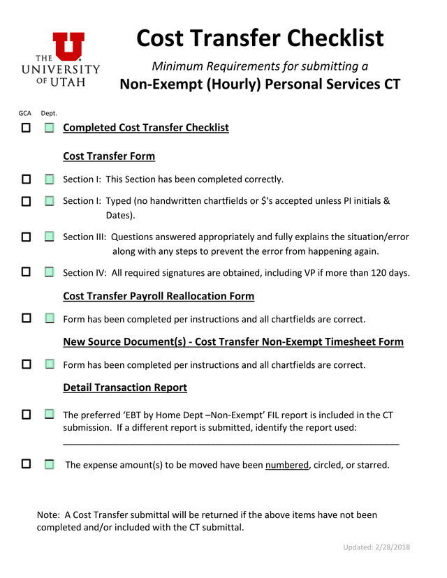 Cost Transfer Checklist screenshot