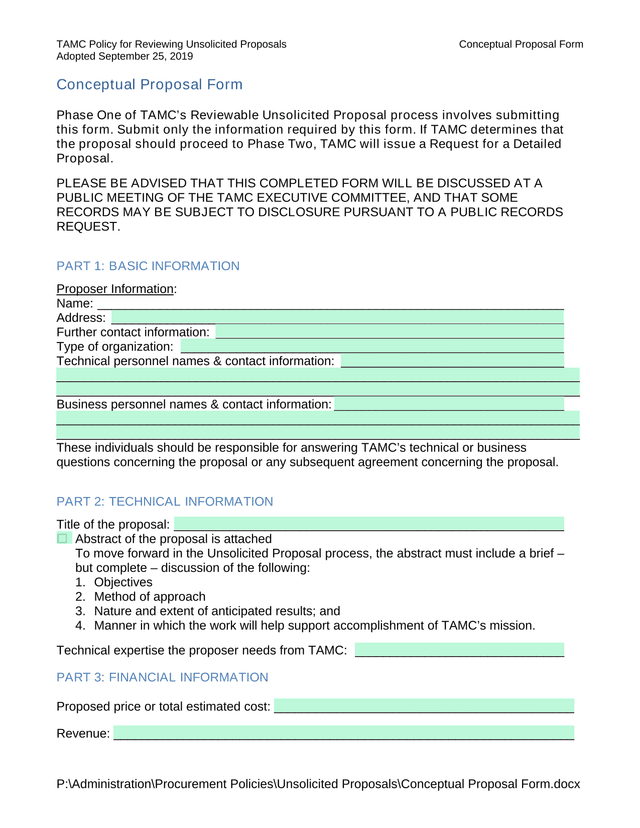 TAMC Policy For Reviewing Unsolicited Proposals Conceptual Proposal Form screenshot