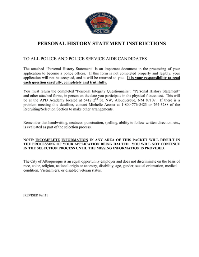 Personal History Statement Instructions screenshot