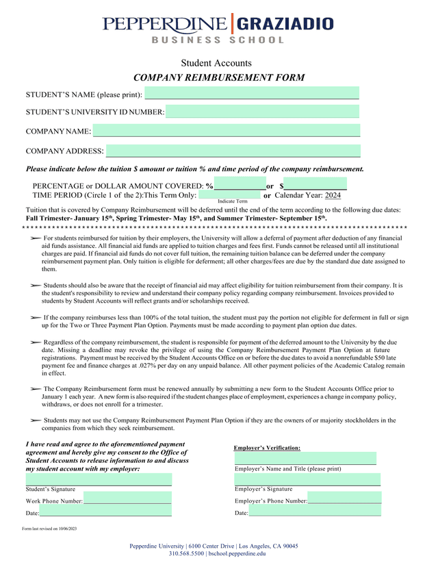 Student Accounts Company Reimbursement Form screenshot