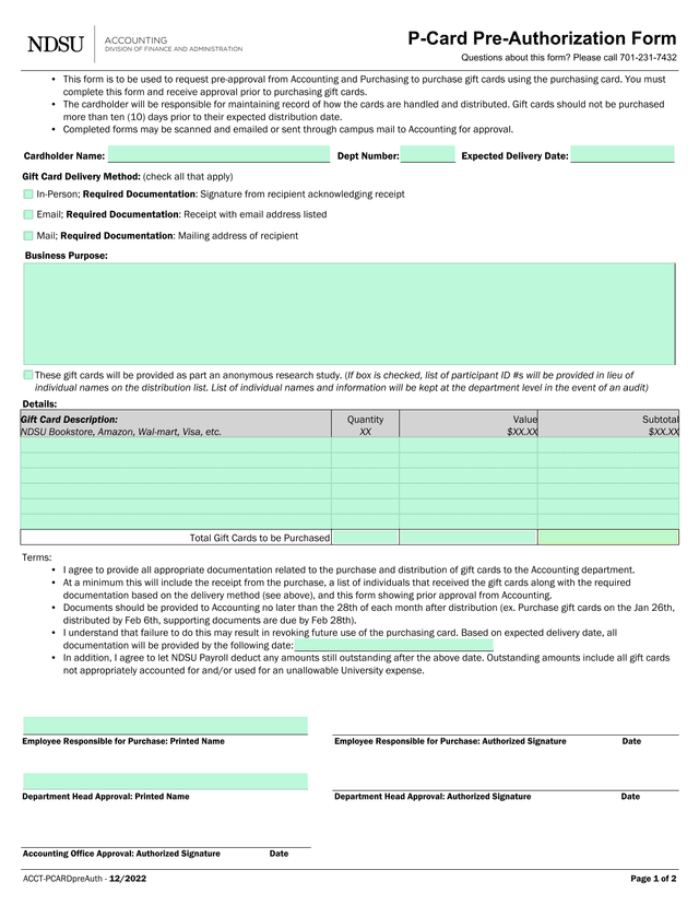 P Card Pre Authorization Form screenshot