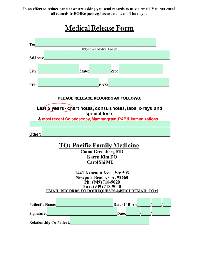 Medical Release Form screenshot