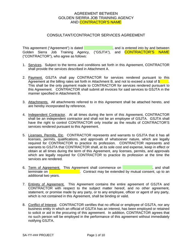 ConsultantContractor Services Agreement screenshot