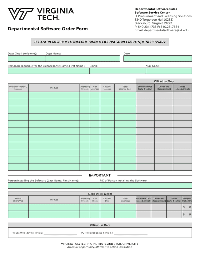 Departmental Software Order Form screenshot