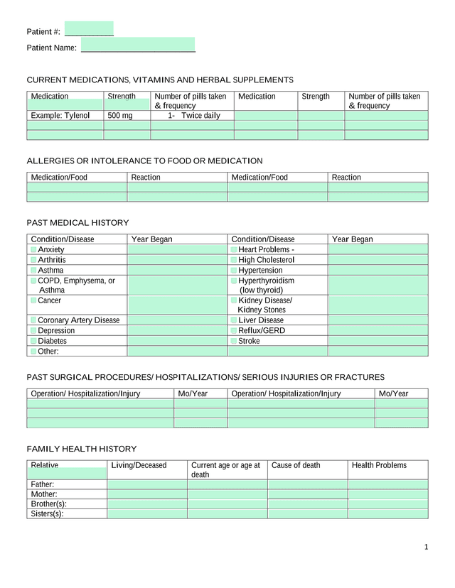 Patient Medical History Form screenshot