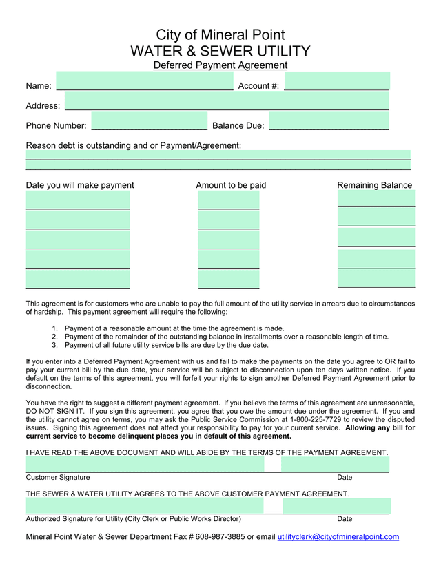 City Of Mineral Point Water  Sewer Utility Deferred Payment Agreement screenshot