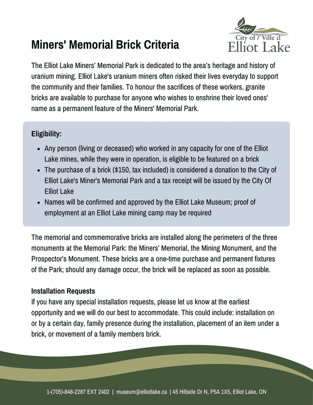 Miners Memorial Brick Purchase Form screenshot