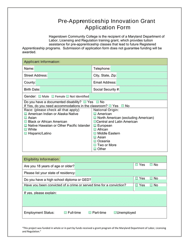 Pre Apprenticeship Innovation Grant Application Form screenshot