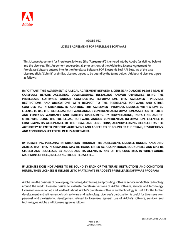 Adobe Inc. License Agreement For Prerelease Software screenshot
