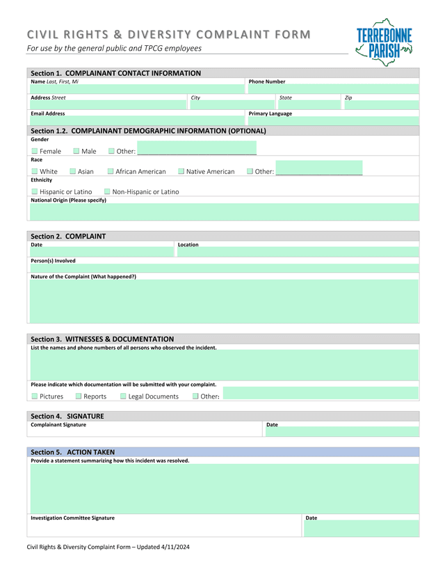 Civil Rights  Diversity Complaint Form screenshot