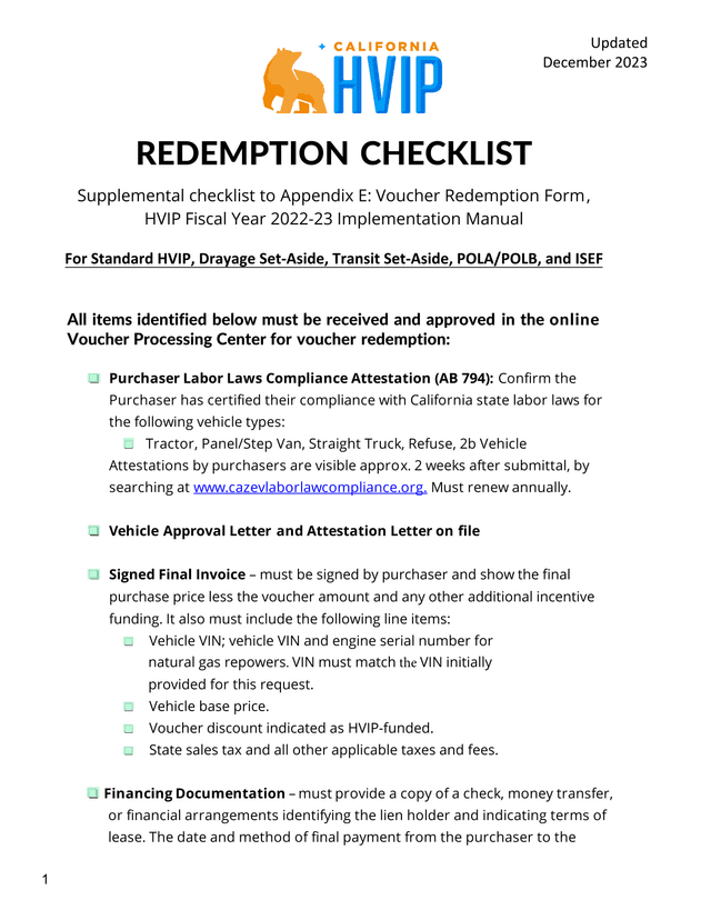 REDEMPTION CHECKLIST screenshot