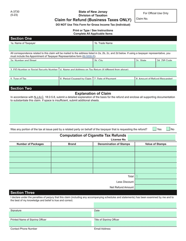 Claim For Refund (Business Taxes ONLY) screenshot
