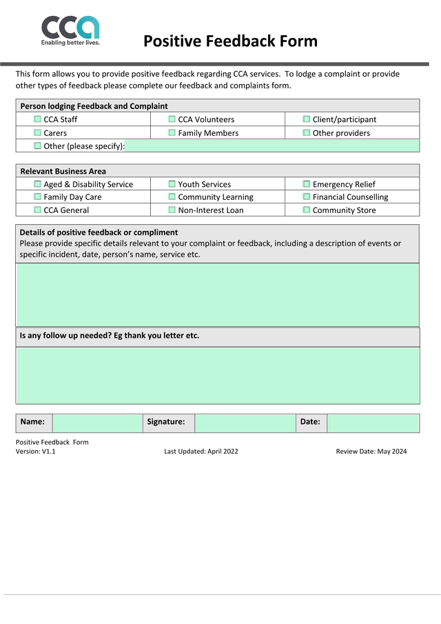 Positive Feedback Form screenshot