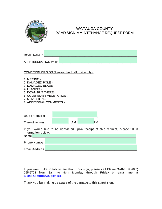 WATAUGA COUNTY ROAD SIGN MAINTENANCE REQUEST FORM screenshot