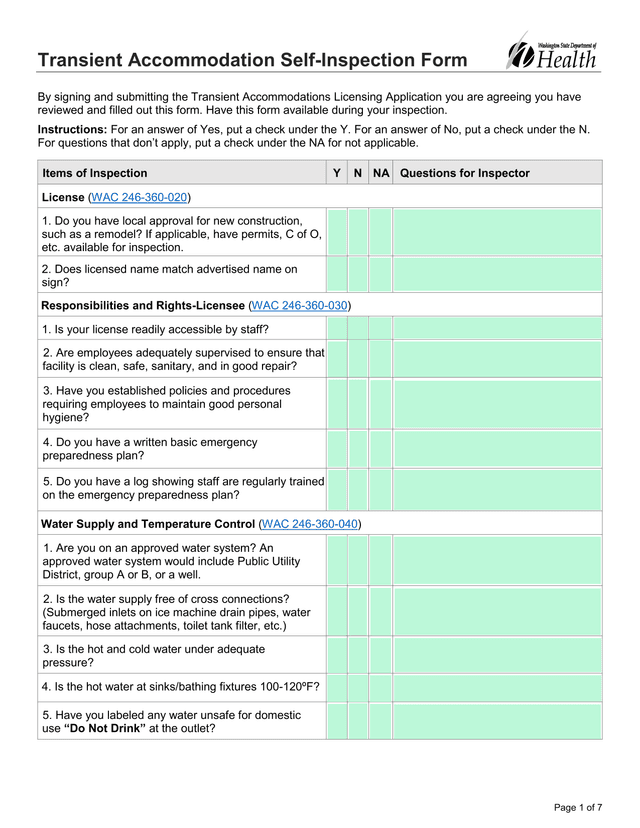 Transient Accommodation Self Inspection Form screenshot