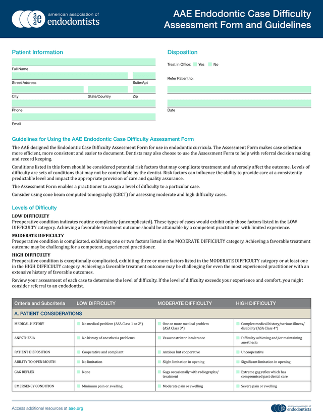 AAE Endodontic Case Difficulty Assessment Form And Guidelines screenshot