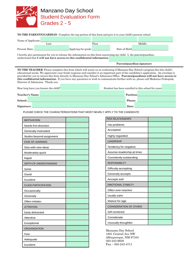 Manzano Day School Student Evaluation Form screenshot