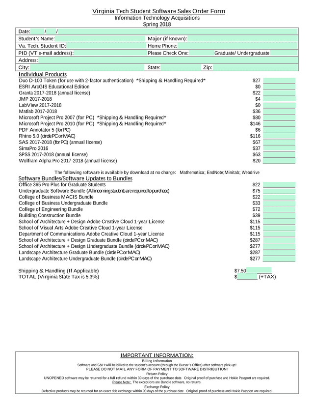 Virginia Tech Student Software Sales Order Form screenshot