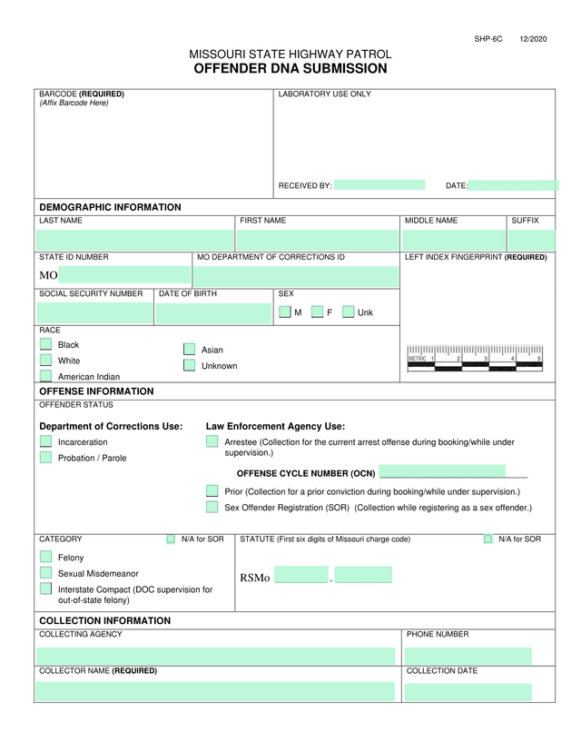 MISSOURI STATE HIGHWAY PATROL OFFENDER DNA SUBMISSION screenshot