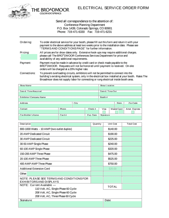 Electrical Service Order Form screenshot