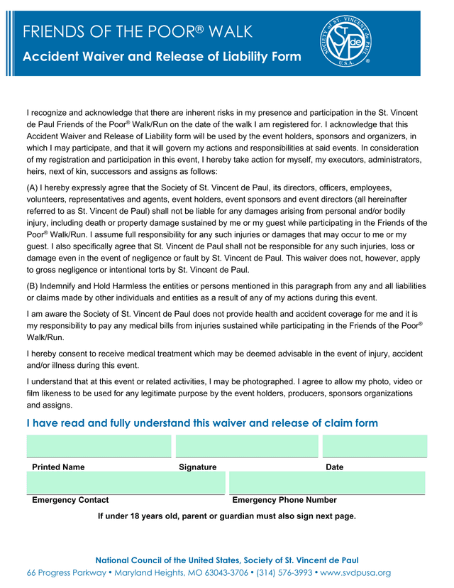Accident Waiver And Release Of Liability Form screenshot