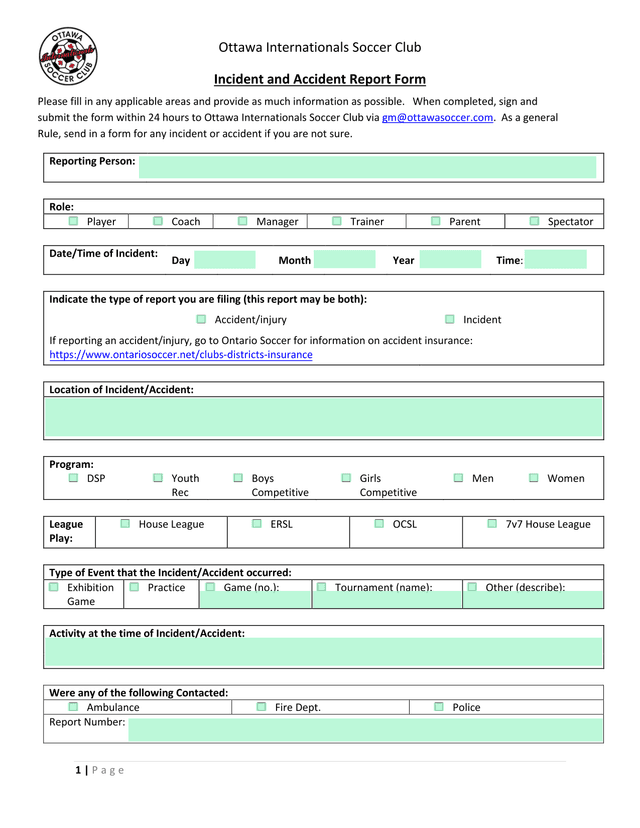 Ottawa Internationals Soccer Club Incident And Accident Report Form screenshot