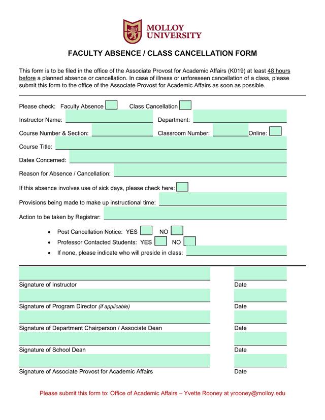FACULTY ABSENCE  CLASS CANCELLATION FORM screenshot