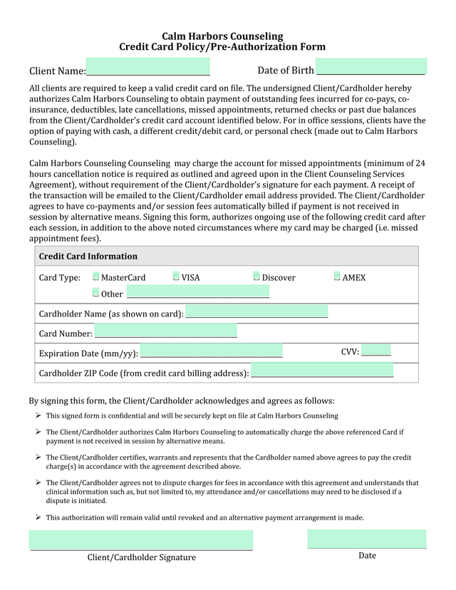 Credit Card PolicyPre Authorization Form screenshot