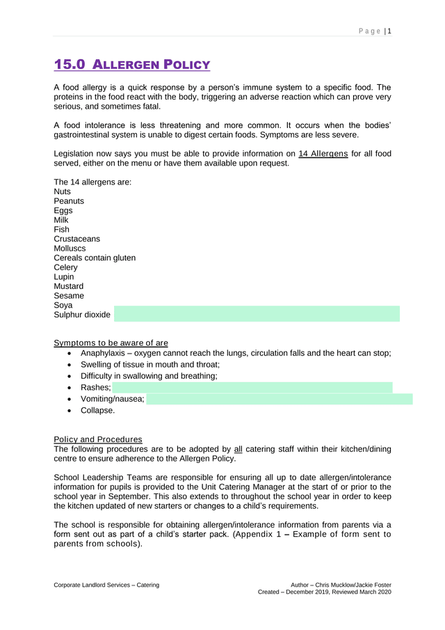 15.0 ALLERGEN POLICY screenshot