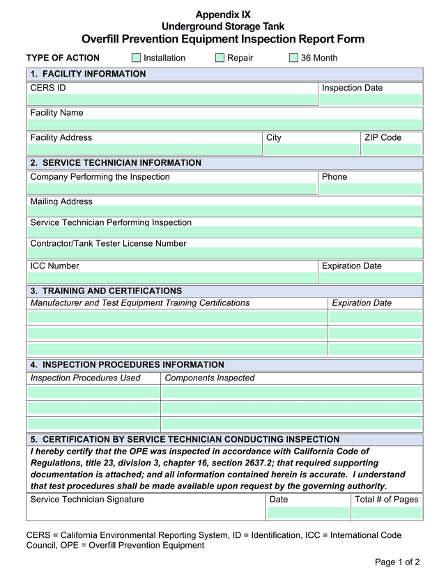 Appendix IX Underground Storage Tank Overfill Prevention Equipment Inspection Report Form screenshot