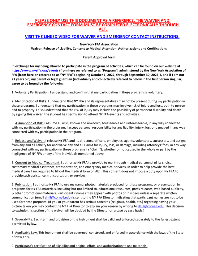 New York FFA Association Waiver, Release Of Liability, Consent To Medical Attention, Authorizations  screenshot