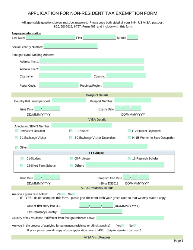 APPLICATION FOR NON RESIDENT TAX EXEMPTION FORM screenshot